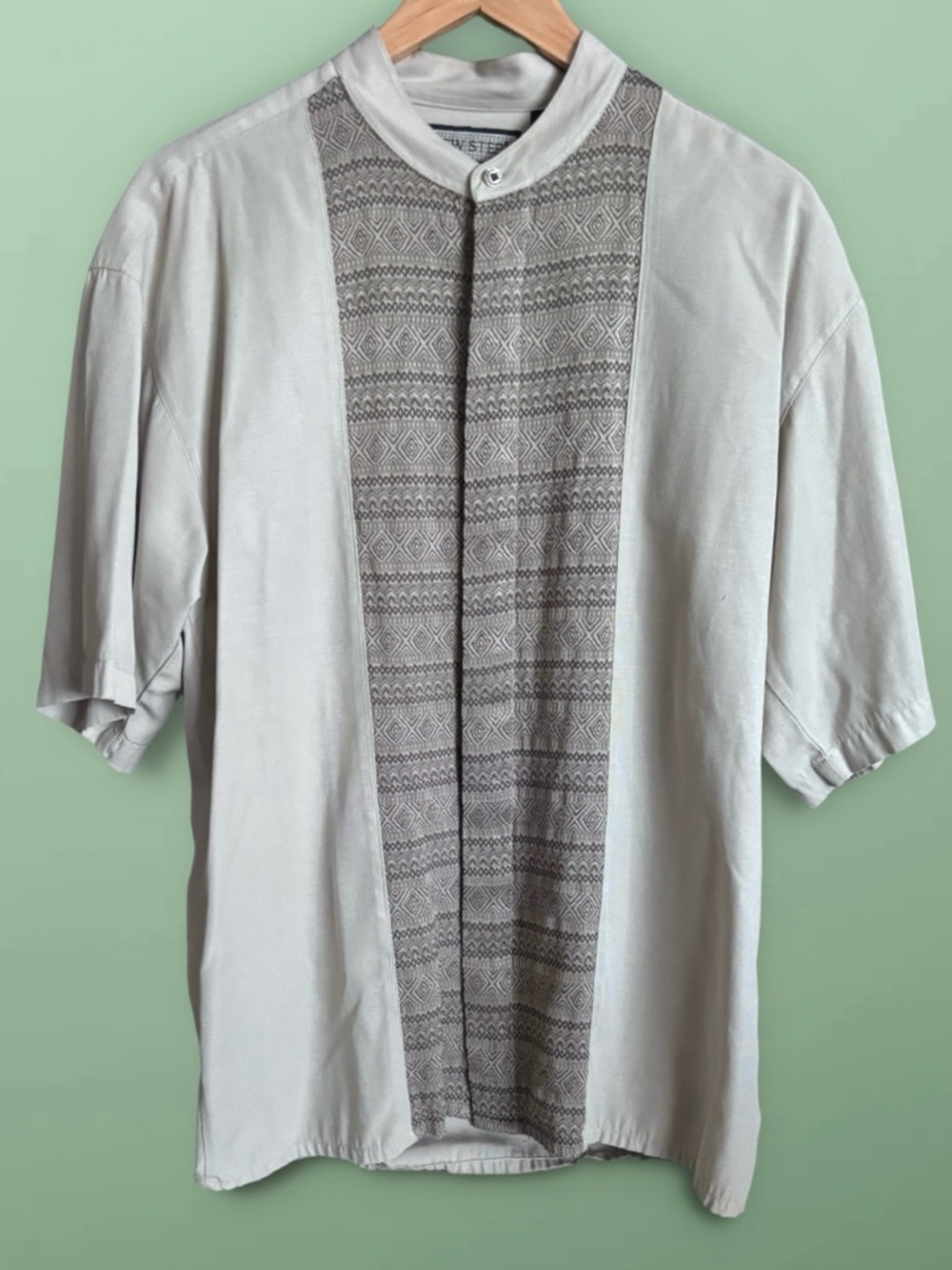 90’s Men's Short Sleeve Button Down Panel Collarless Dress Shirt - Light Taupe M